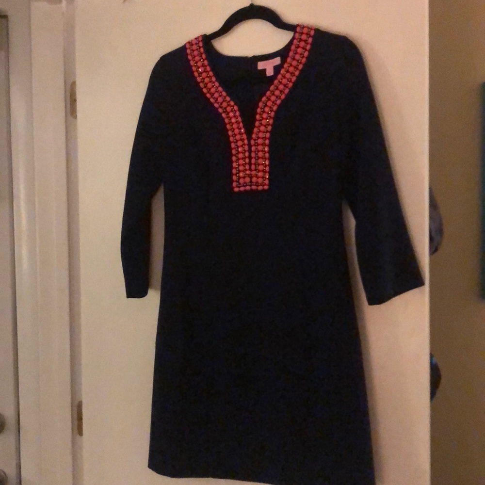 Lily Pulitzer dress/ navy with orange jewels
